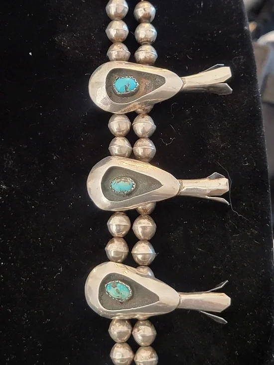 Sterling Silver Turquoise Squash Blossom Necklace - - Picture 8 of 16